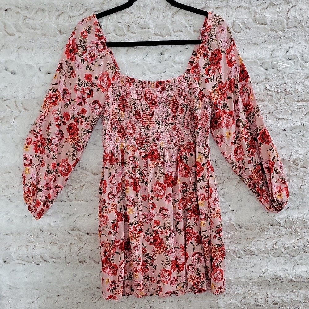 Old Navy Mini Dress, Womens L Pink, Red Florals Y2K Babydoll Smocked Cottagecore